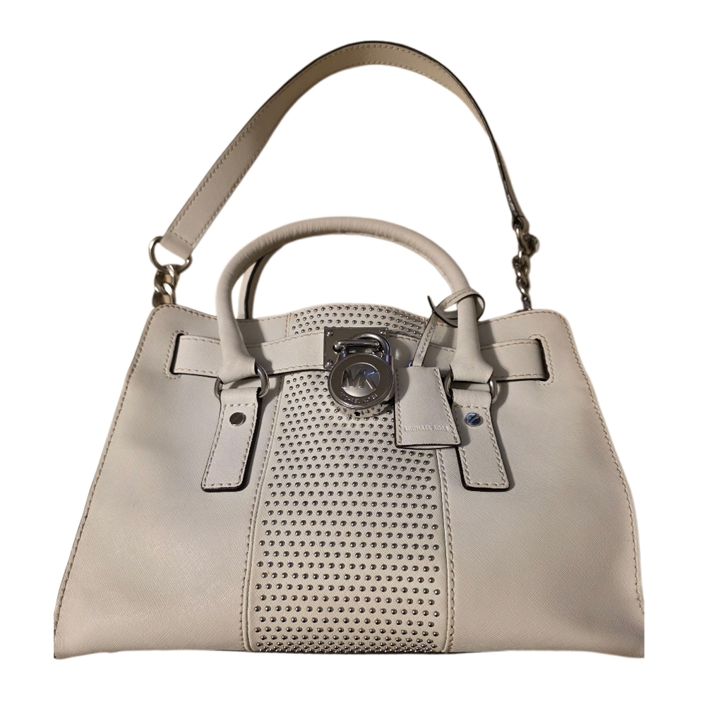 Michael Kors Off-White Leather Hamilton Microstud Center Stripe Satchel EUC - Picture 3 of 11